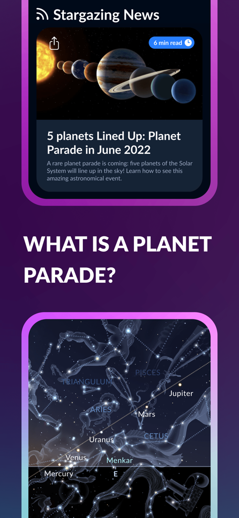 Sky Tonight app screen showing astronomy news about a planet parade and an interactive star map.