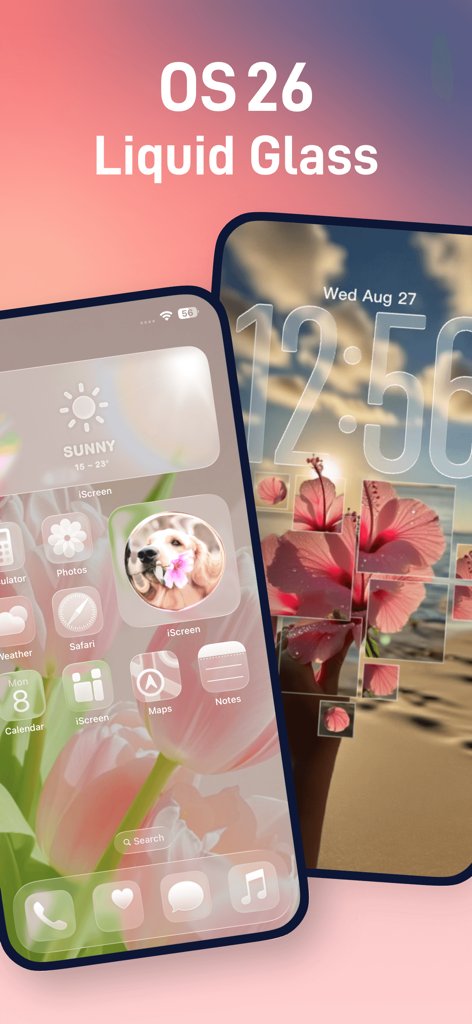 iScreen-App, die Widgets im Liquid-Glass-Stil und florale Hintergrundbilder auf einem iPhone anzeigt