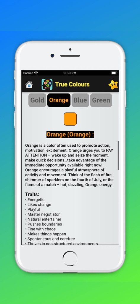 Interface do aplicativo True Colours Personality Test mostrando as características e traços do tipo de personalidade Laranja
