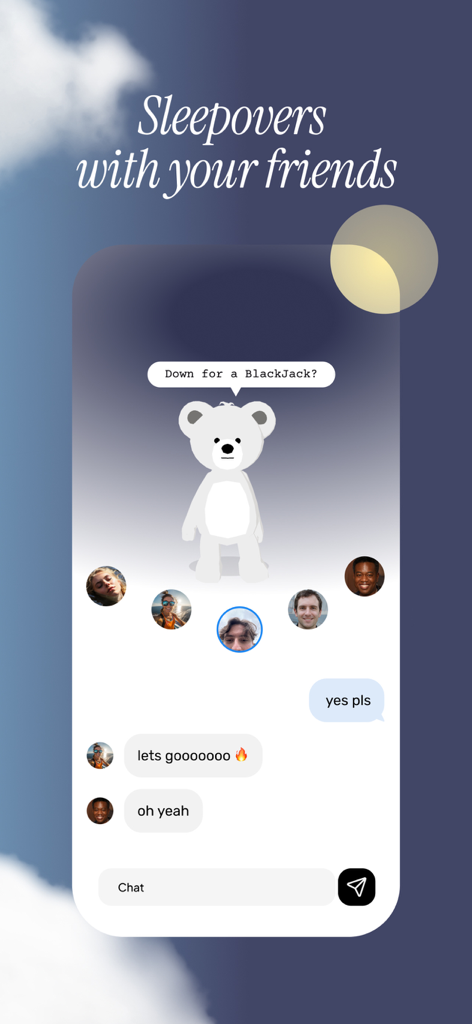 Ted: Plushy AI friend - Une interface de groupe de discussion où un personnage IA en peluche blanc nommé Ted suggère de jouer à une partie de BlackJack avec des amis.