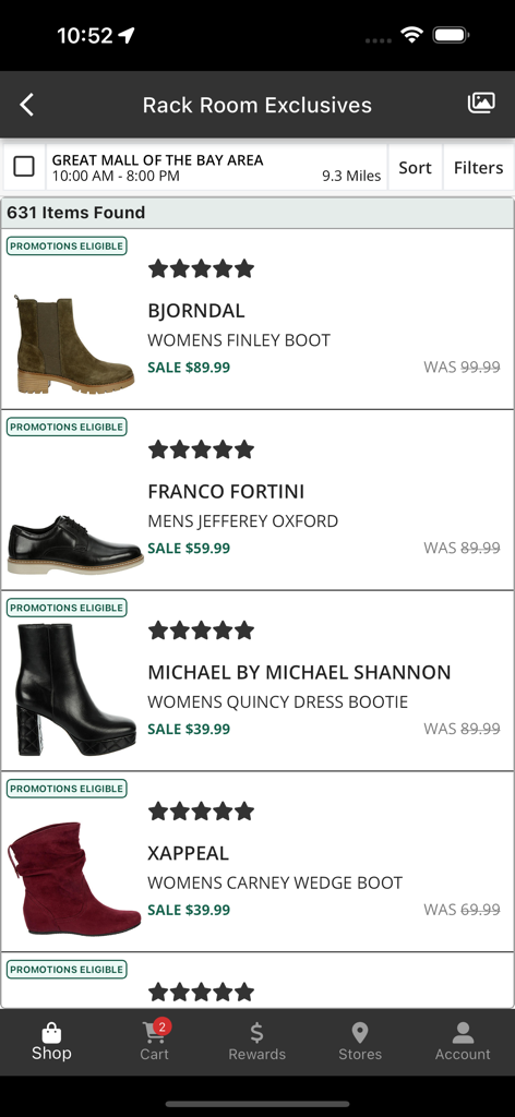 Interface do aplicativo Rack Room Shoes mostrando vendas e promoções exclusivas em botas e sapatos sociais para mulheres e homens