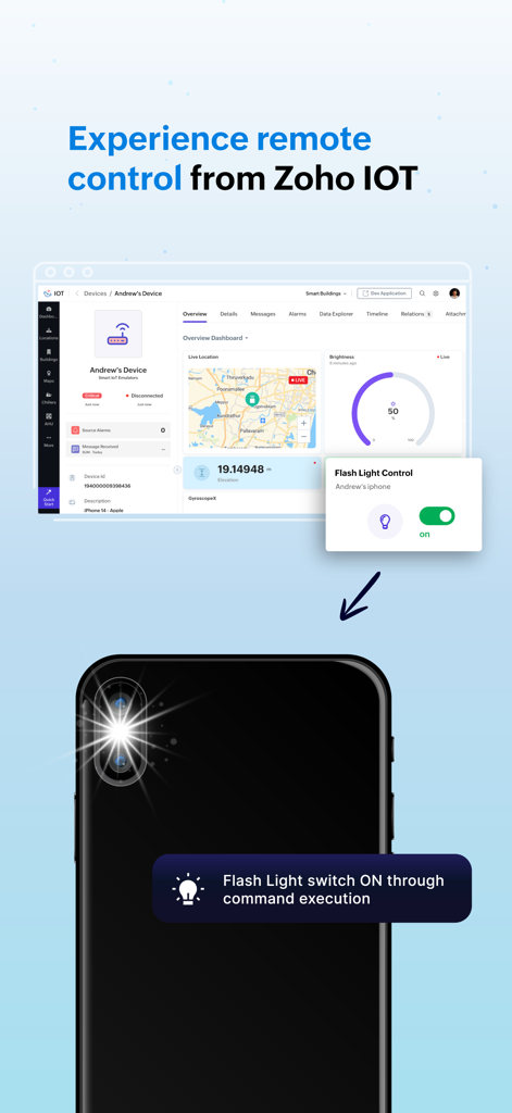 Zoho IOT dashboard remotely controlling a smartphone flashlight through the ZiBot app
