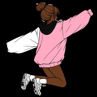 realistic girl jumping with a bun and oversized sweatshirt