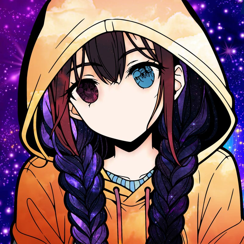 anime girl with long braids and hoodie