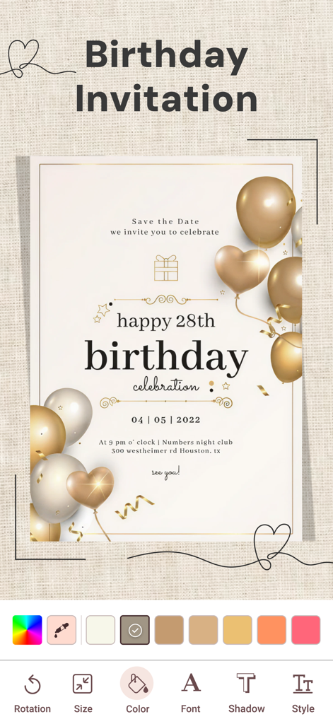 Mobile app interface for editing a professional birthday invitation with gold balloons and elegant fonts