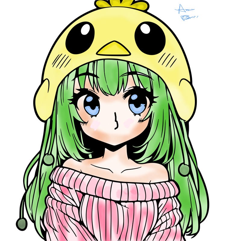 anime girl with chick shaped hat with sweater with bare shoulders with bangs covering them one eye with low tail