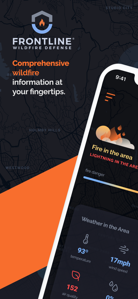 Frontline Wildfire Tracker - Frontline Wildfire Tracker app showing wildfire alerts and weather dashboard on a smartphone.