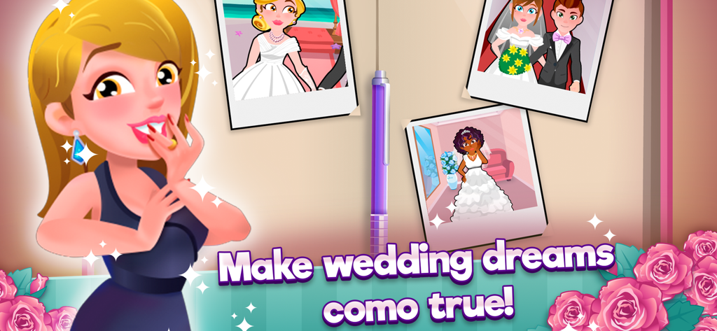 Ellie's Wedding Journey - 게임 캐릭터 엘리가 신부들의 폴라로이드 사진 옆에 서서 '웨딩 꿈을 실현하세요'라는 문구가 보이는 모습