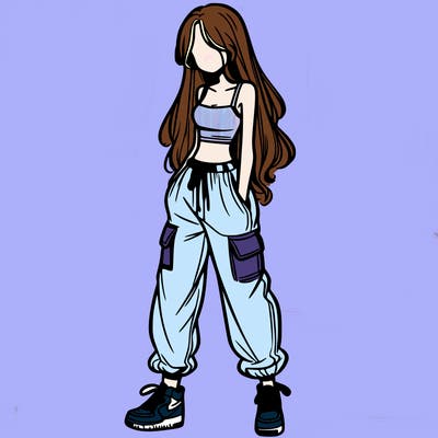 girl in baggy pants crop top and long hair