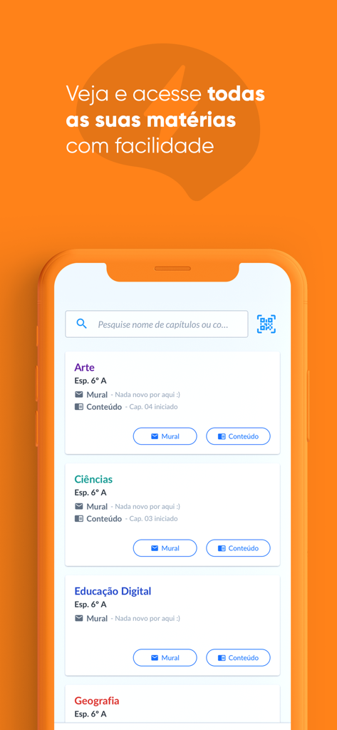 Tela de smartphone mostrando o painel do app Geekie One com uma lista de disciplinas escolares.