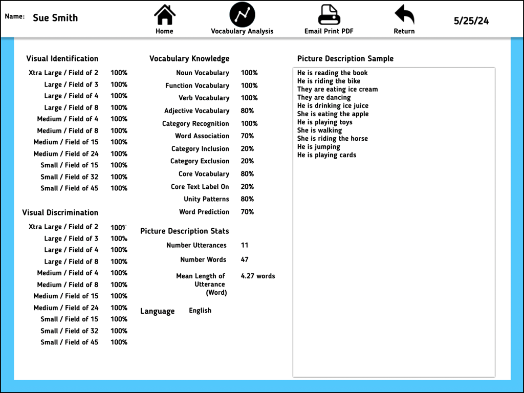 AAC Evaluation Genie - A detailed report screen in the AAC Evaluation Genie app showing clinical assessment scores and vocabulary analysis for a user.