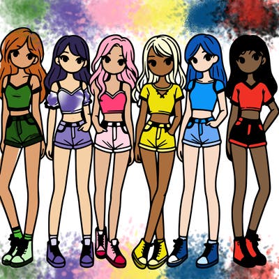 a group of girls wearing crop tops and shorts