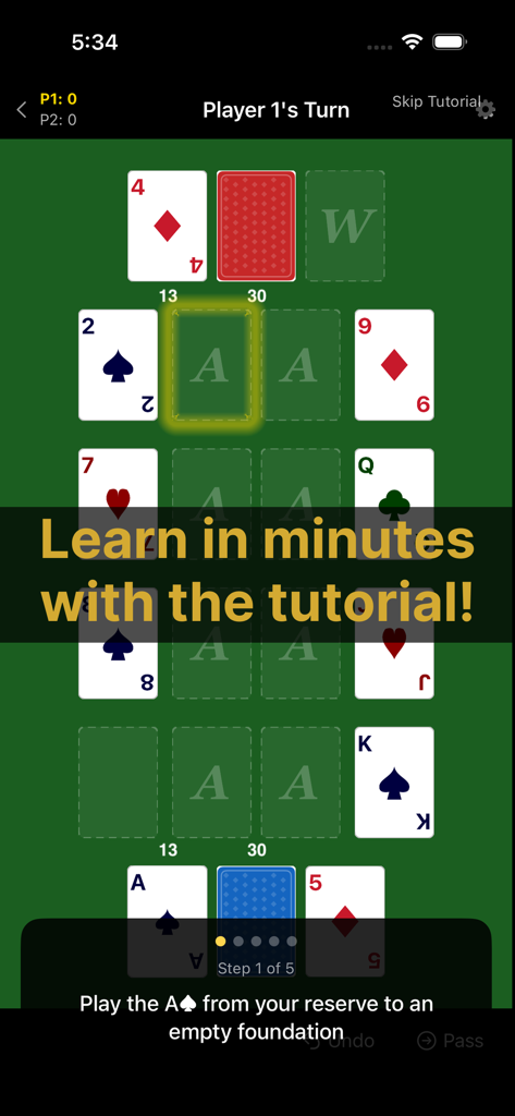 Russian Bank | Card Game - Screenshot of the interactive tutorial in Russian Bank card game showing how to play moves.