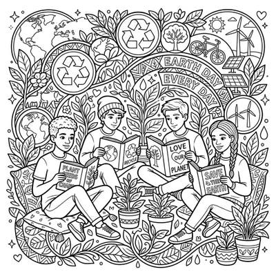 This captivating coloring page showcases teenage readers immersed in books, surrounded by a rich tapestry of Earth Day symbols. Celebrate environmental awareness and the power of knowledge with this intricate and inspiring design.