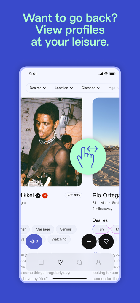 Feeld mobile app interface showing user profiles with filter options and a browsing gesture icon