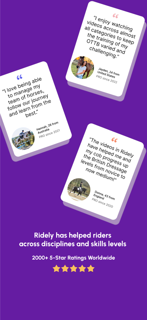 Three user testimonials for Ridely showing 5 star ratings and reviews from equestrian riders worldwide