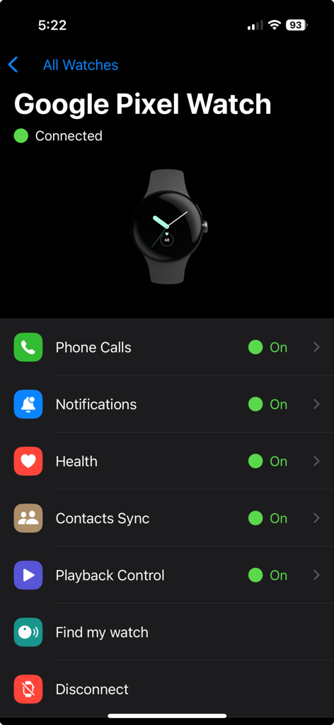 Schermata delle impostazioni per un Google Pixel Watch connesso a un iPhone tramite l'app Merge