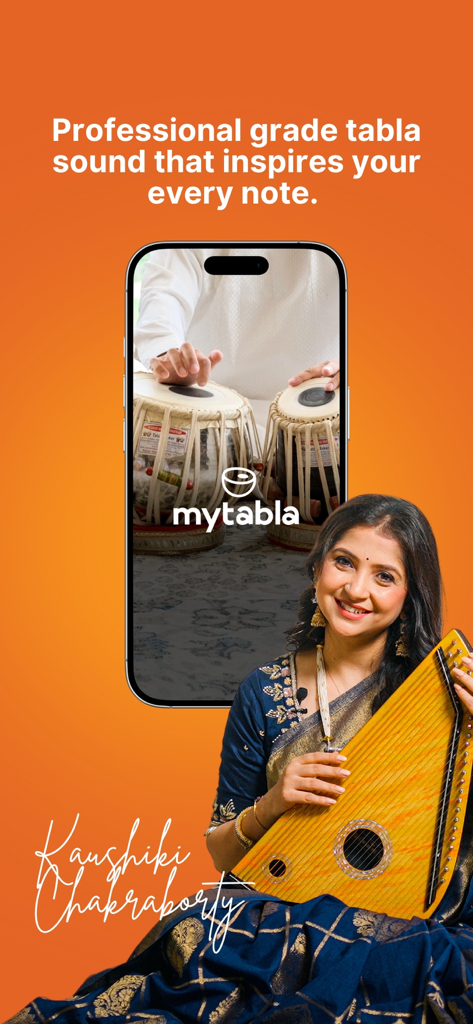 MyTabla app promotional image featuring professional tabla sounds and artist Kaushiki Chakraborty