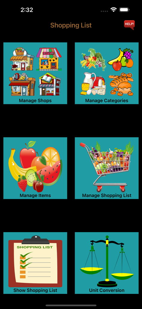 Shopping-List. - Menú principal de la aplicación Shopping-List con iconos coloridos para gestionar tiendas, categorías, artículos, listas de compras y conversiones de unidades.