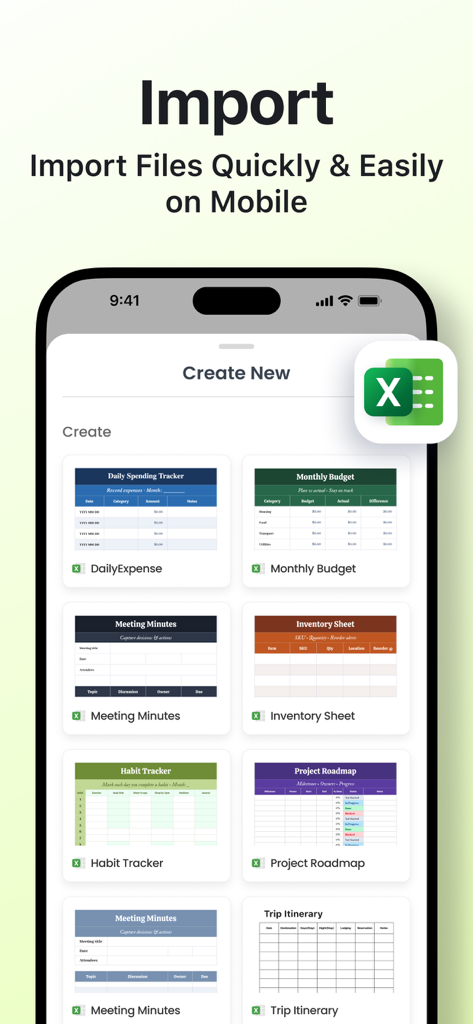 Word Editor・Docs・Sheets・Office - Screenshot of Word Editor app displaying ready-to-use spreadsheet templates on a smartphone