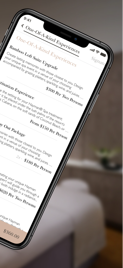 Hayman Island - 헤이만 섬 앱의 스마트폰 화면으로 럭셔리 목적지 경험 및 스위트룸 업그레이드 표시