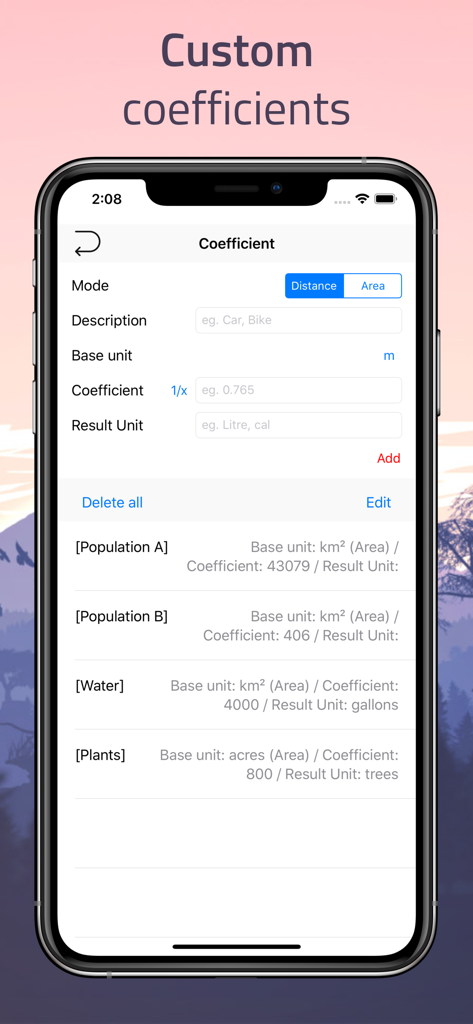 Distance - Find My Distance - Screenshot of the Distance app showing the custom coefficients setup screen for calculating values like water gallons or plant counts from map measurements.