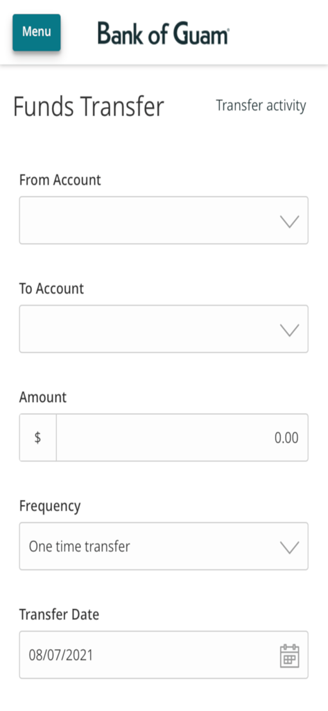 Bank of Guam Mobile-App-Oberfläche für Geldüberweisungen