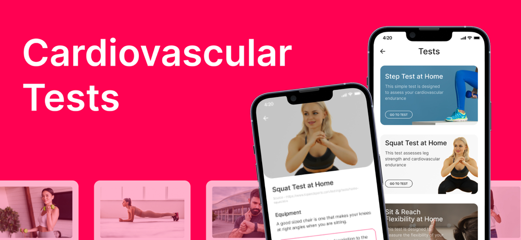 heart rate aрp - Schermata dei test cardiovascolari che mostra le opzioni di squat e step test su un telefono cellulare