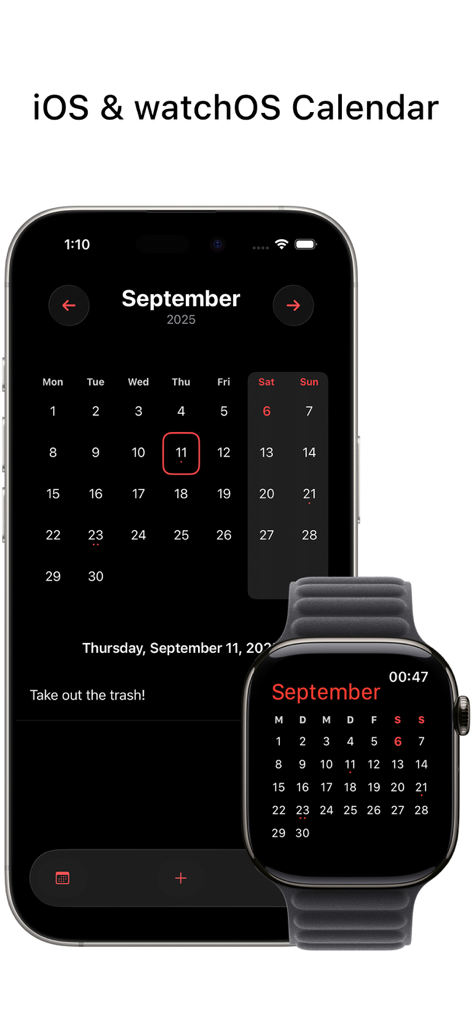 Datum - Calendar - Minimalist Datum Calendar interface displayed on an iPhone and Apple Watch in dark mode.
