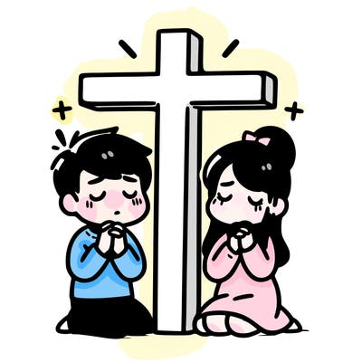 a man and a women praying to a cross