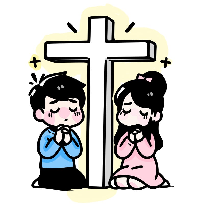 a man and a women praying to a cross