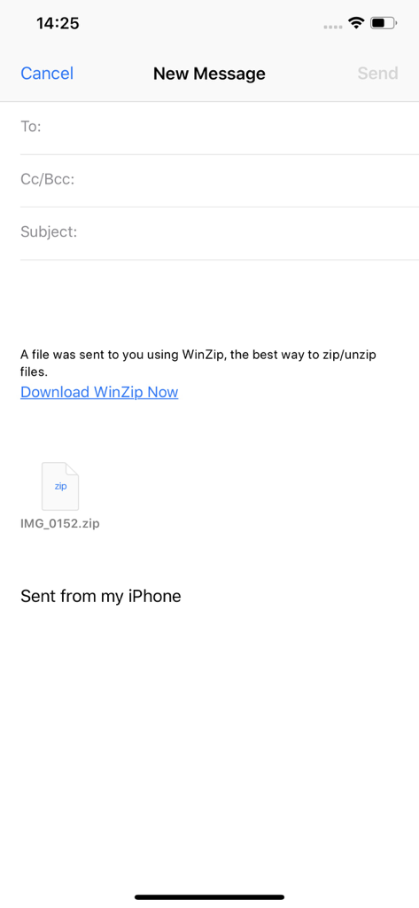 Un borrador de correo electrónico en iPhone que muestra un archivo zip adjunto enviado a través de WinZip Pro