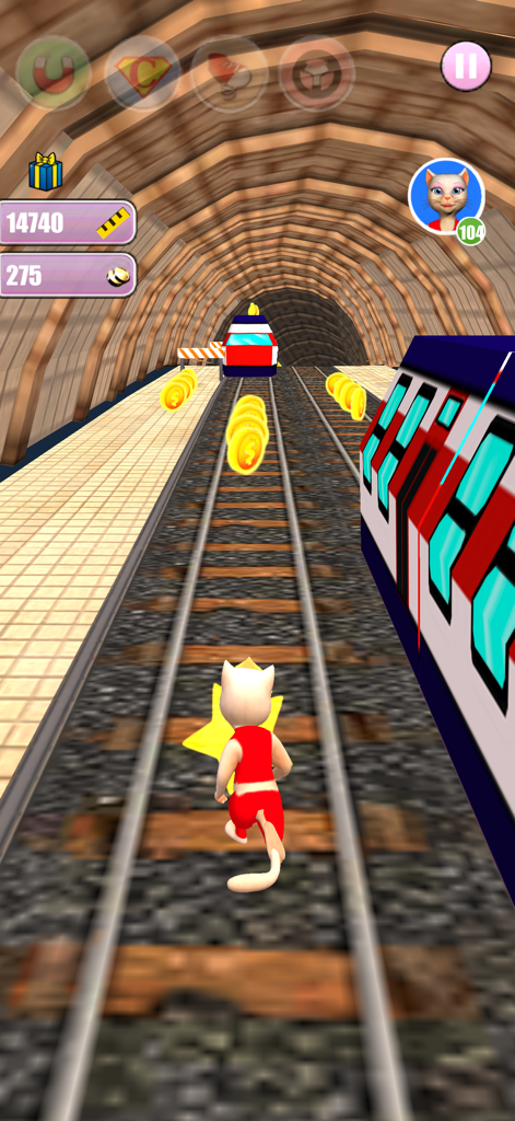 Princess Cat Lea Run - White cat character running on subway tracks inside a tunnel collecting gold coins
