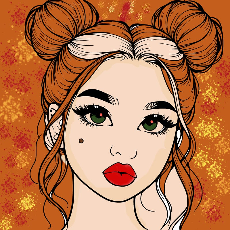 realistic girl with two buns on her hair and lips