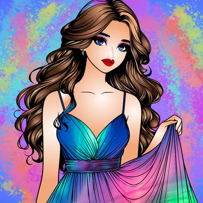 realistic girl in flowy silky prom dress