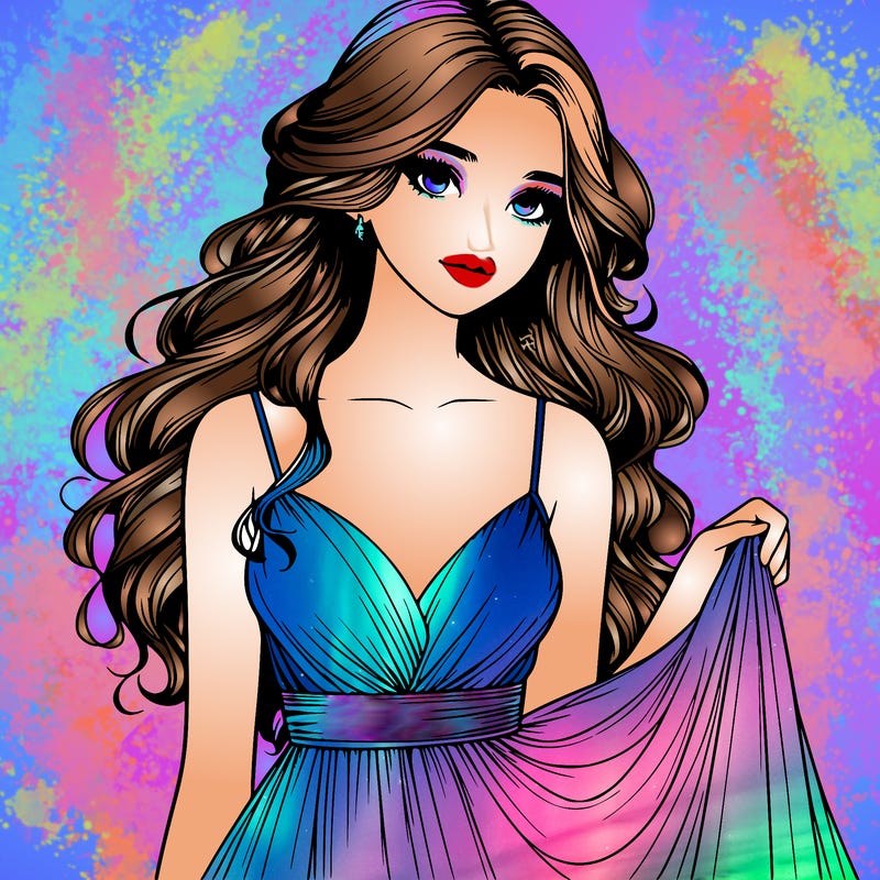 realistic girl in flowy silky prom dress