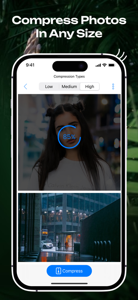Photo & Video Compressor App - Interface of the Photo and Video Compressor App showing low medium and high compression options with a progress indicator