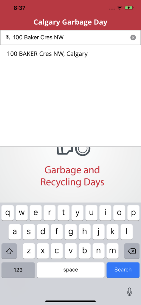 Interface of the Calgary Garbage Day app showing a user searching for an address to find their garbage and recycling schedule