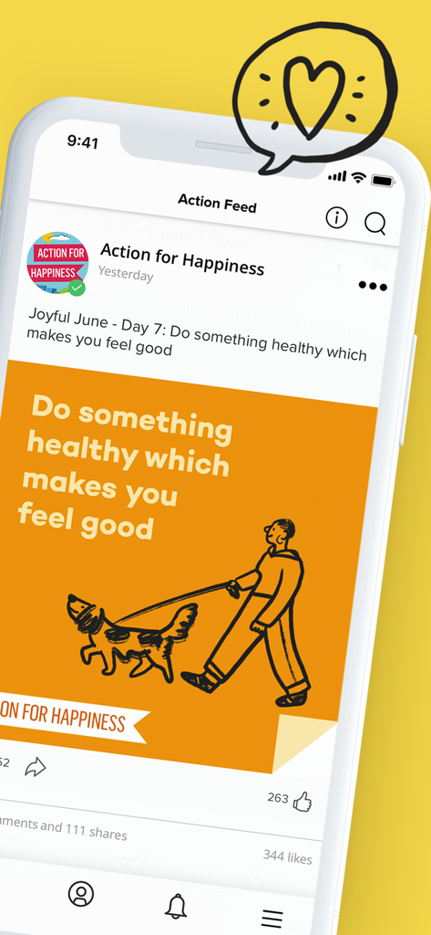 Action for Happiness app displaying a daily wellness tip for Joyful June on a smartphone screen.