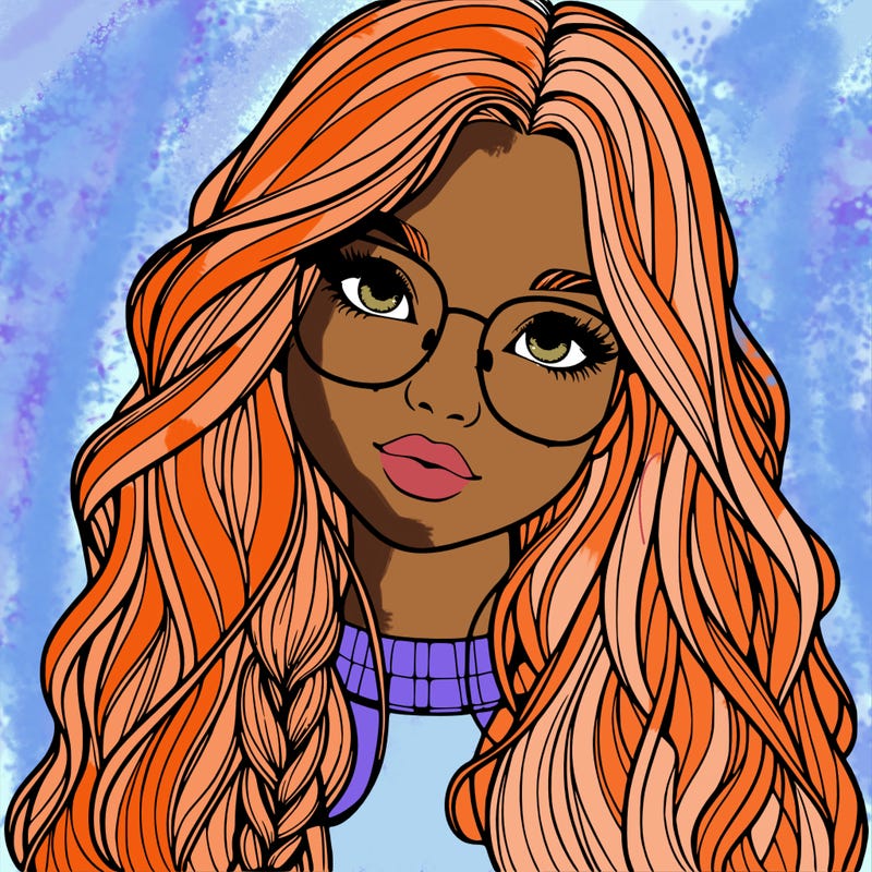 girl with long hair and freckles and glasses realistic