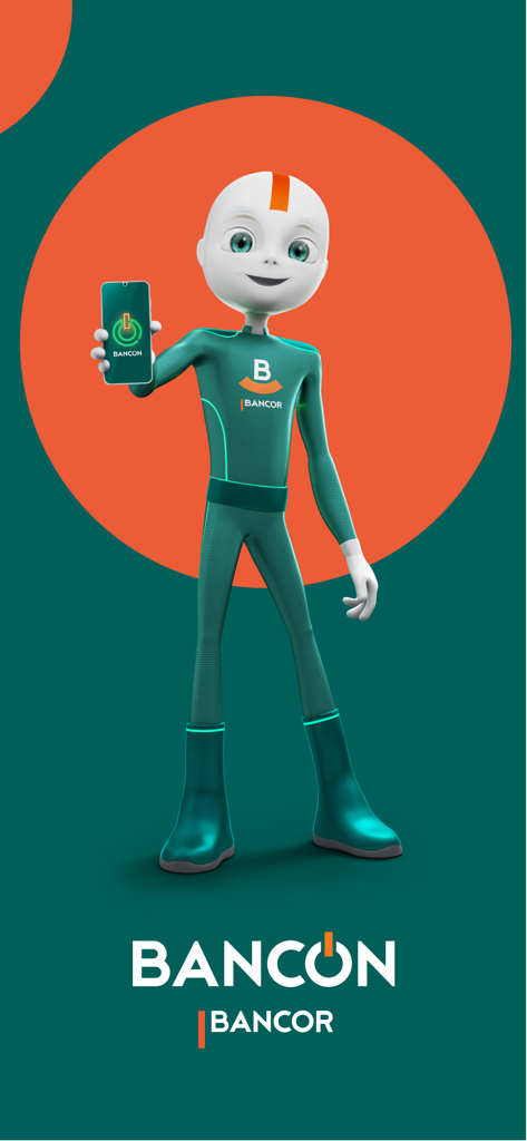 3D-Charakter-Maskottchen hält ein Smartphone mit dem Bancón App-Symbol vor einem orange-türkisfarbenen Hintergrund
