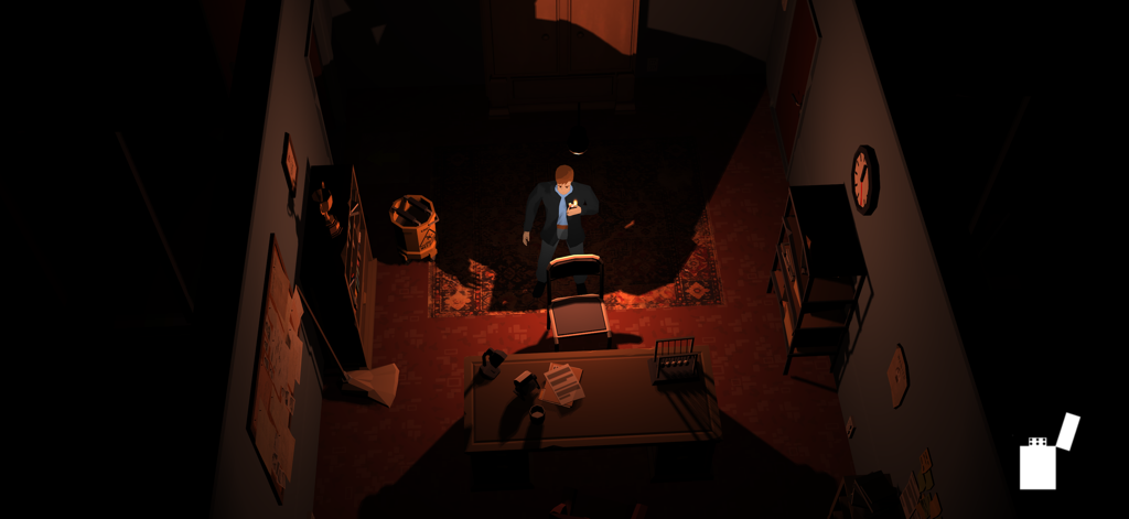 Edward The Detective: Exit - Detective Edward standing in a dimly lit office room holding a lighter