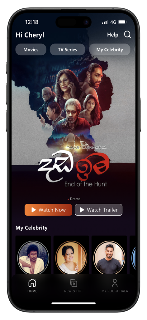 Roopa Hala app home screen displaying Sinhala movies and celebrity profiles