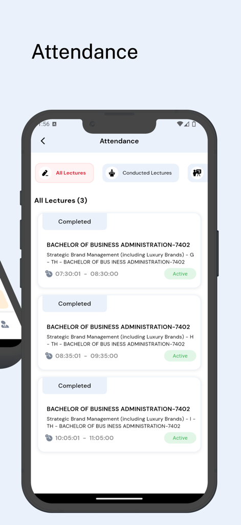 Interface mobile de l'application LMS Portal affichant une liste de cours terminés pour le programme de Bachelor of Business Administration