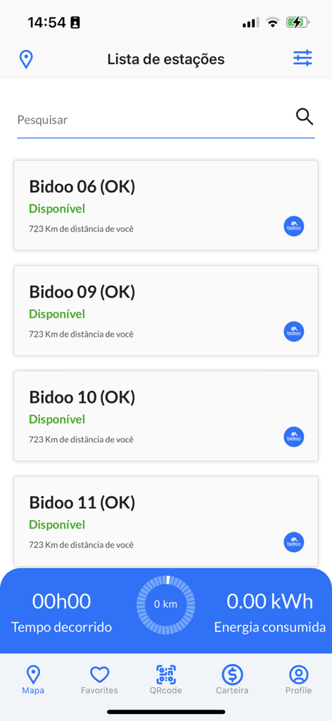 Bidoo - Bidoo mobile app interface showing a list of available electric vehicle charging stations and real-time energy metrics.