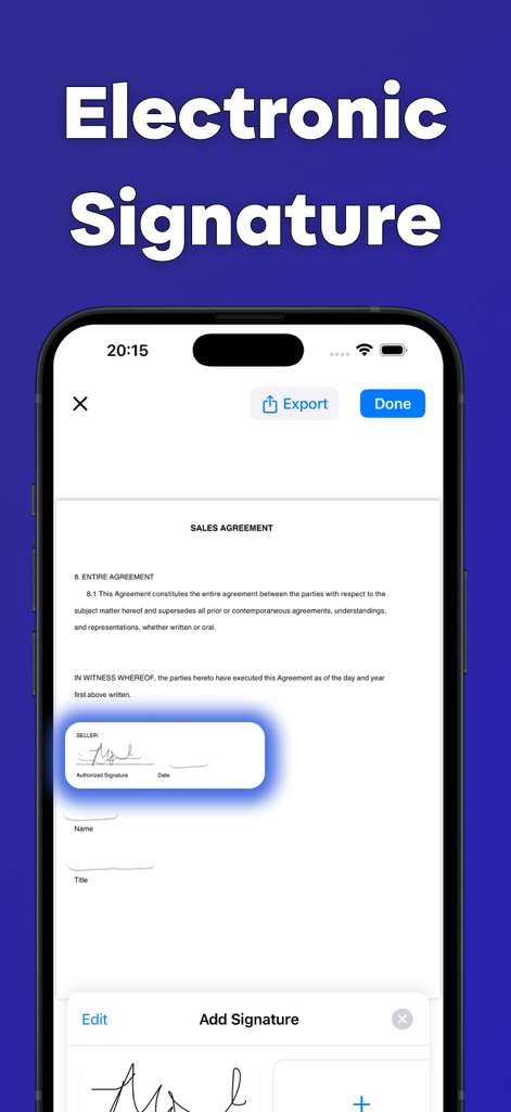 Assinatura eletrônica em um contrato de vendas no aplicativo Assinador de PDF