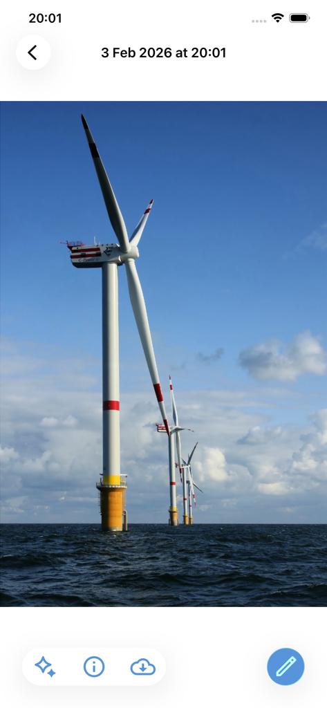 Row of offshore wind turbines in the ocean viewed within the Upvise field service app interface