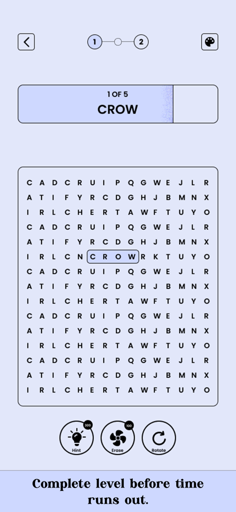 Word Search - Super Hard - Una cuadrícula de sopa de letras de 15x15 en modo temporizador con la palabra 'crow' resaltada.
