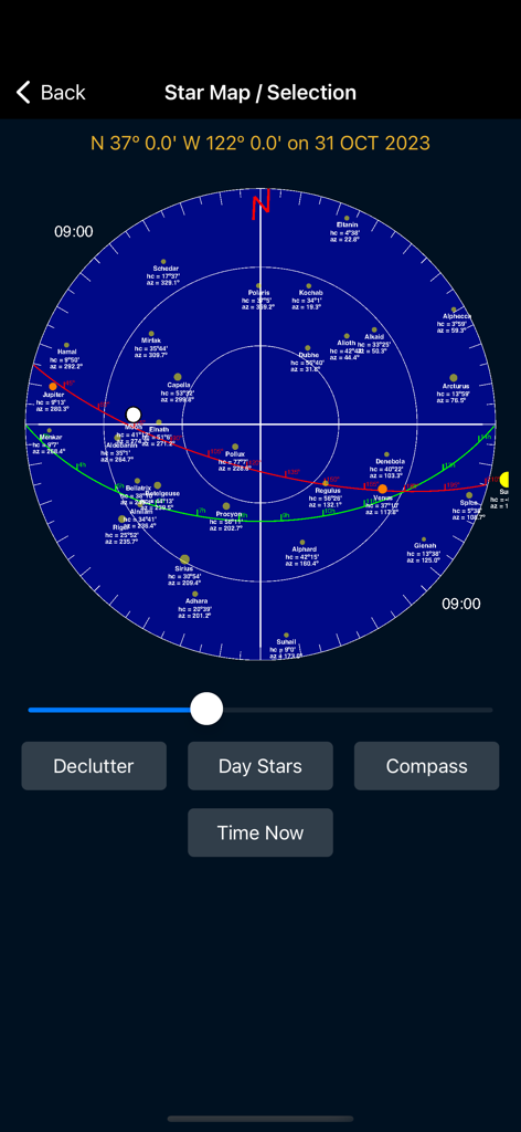 EZ Nautical Almanac - Eine kreisförmige Himmelssternkarte, die Sterne und Planeten für die Seefahrt mit Entzerrungs- und Kompasssteuerungen anzeigt.