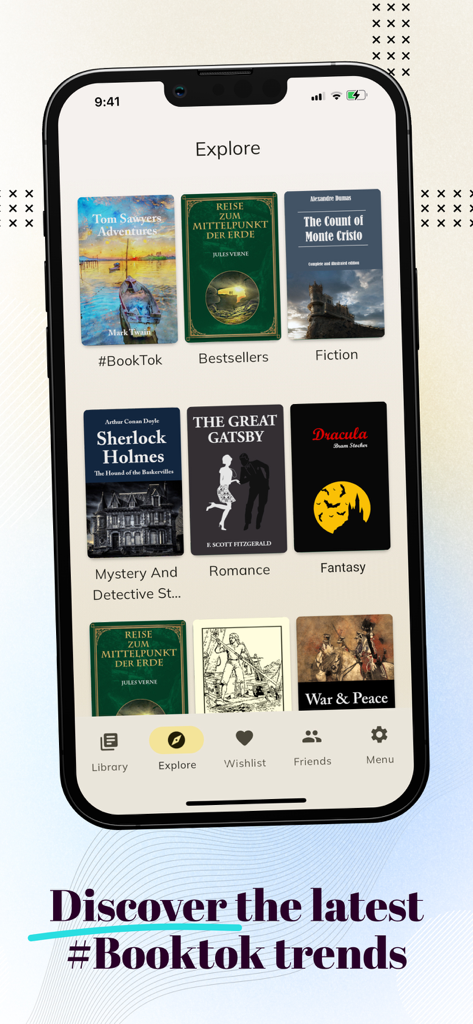 Smartphone screen showing the Explore section of the Book Tracker app with various book categories and BookTok trends
